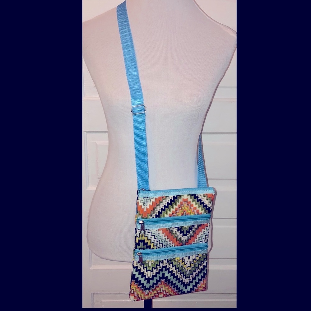 Blue Multi-Color Zippered Crossbody Bag